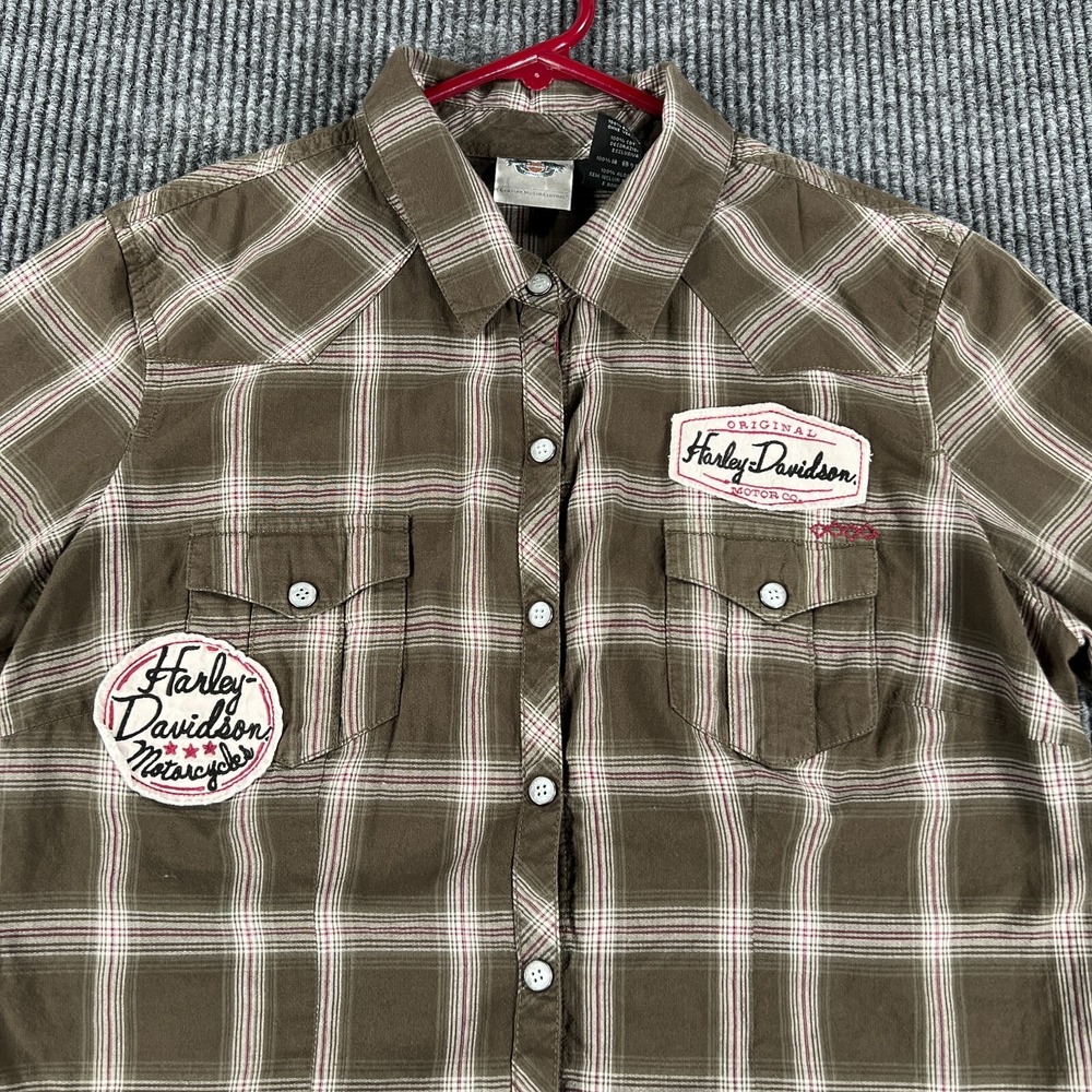 Harley Davidson Shirt Womens Large Brown Plaid Short Sleeve Snap Up Motorcycles